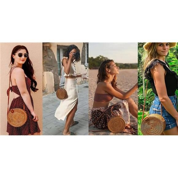 Handwoven Round Rattan Bag Shoulder Leather Straps Natural Chic Hand - Picture 6 of 6